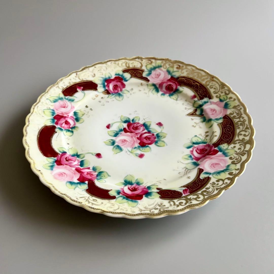 アンティーク　オールドノリタケ　初期メイプルリーフ印　薔薇金彩プレート【稀少品】