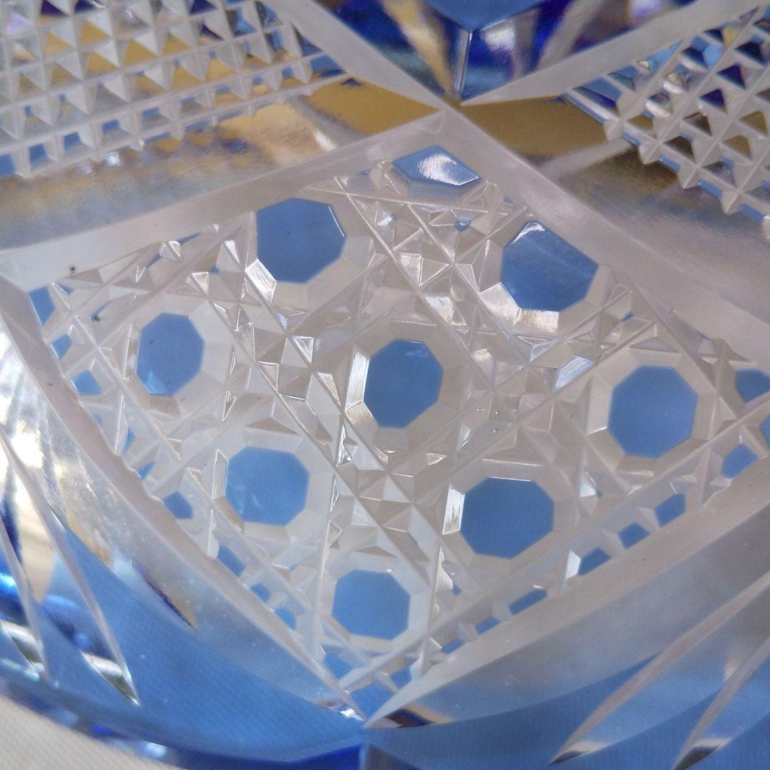 カメイガラス 藍被薩摩切子皿 菱宝