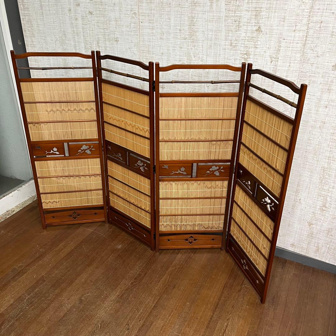 【アンティーク】昭和レトロ 4連 衝立 パーテーション 透かし彫り 古道具