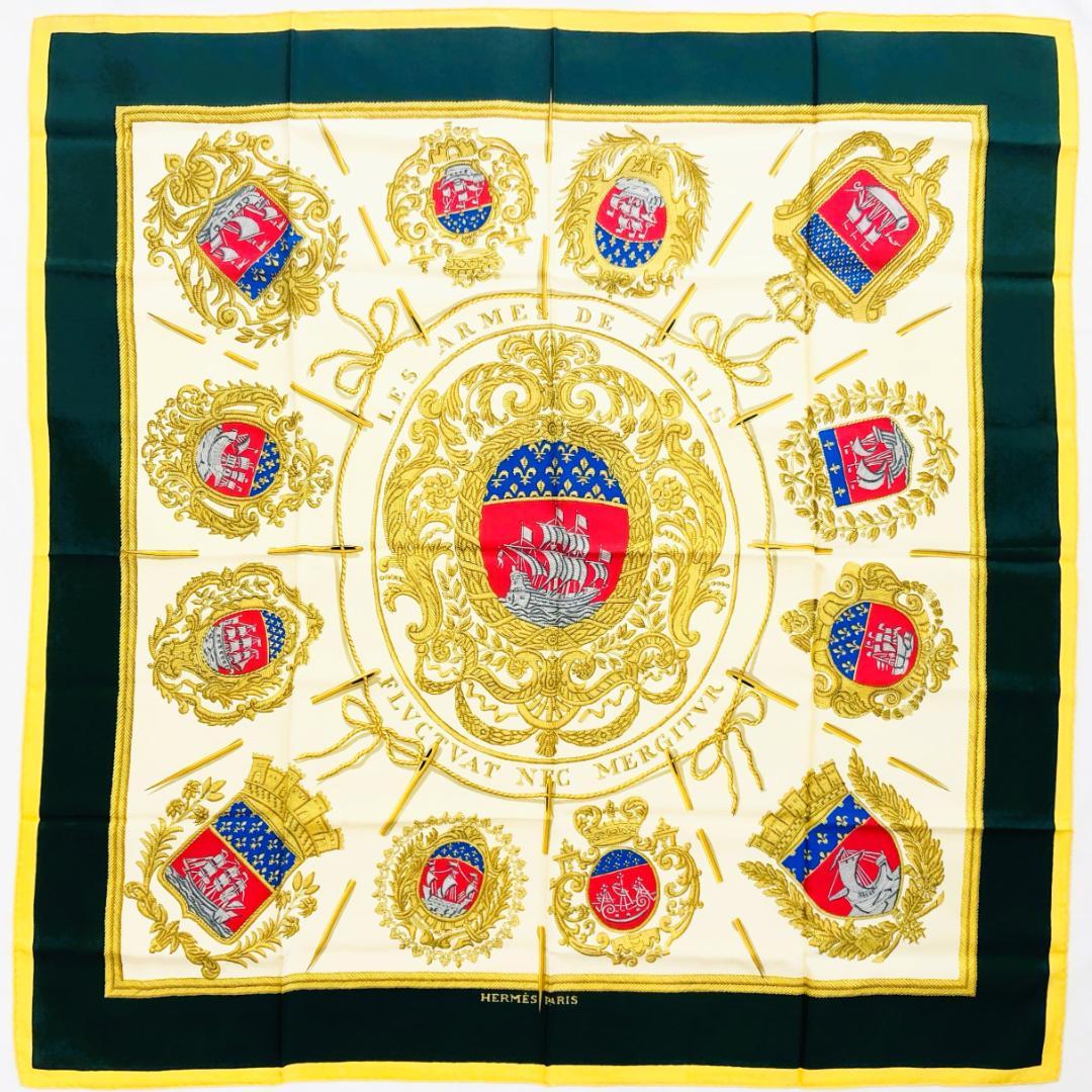 HERMES エルメス スカーフ カレ90 パリの紋章 グリーン系 タグあり