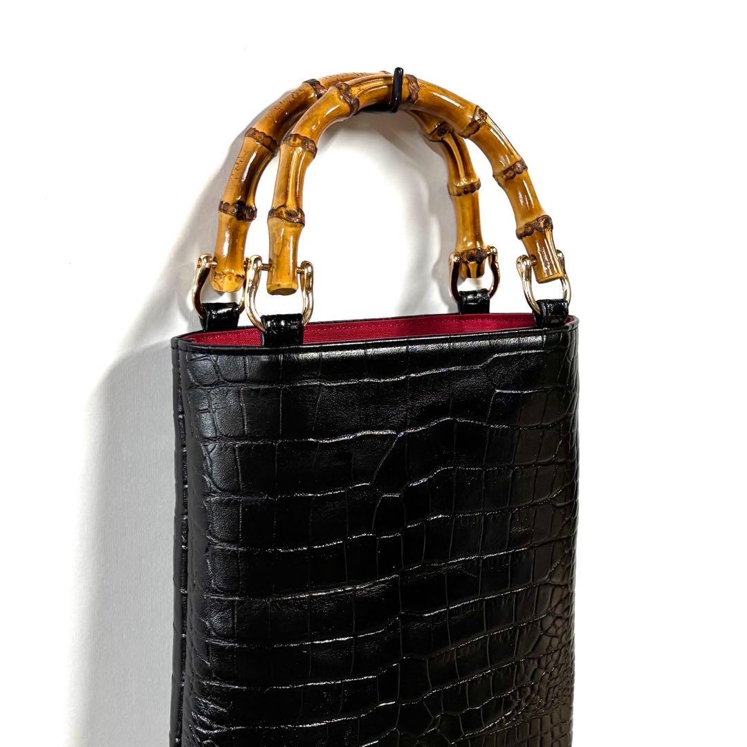 牛革クロコ型押しバンブー手提げ（小）黒 ◆神輿祭り竹手バッグ タケちゃんねる