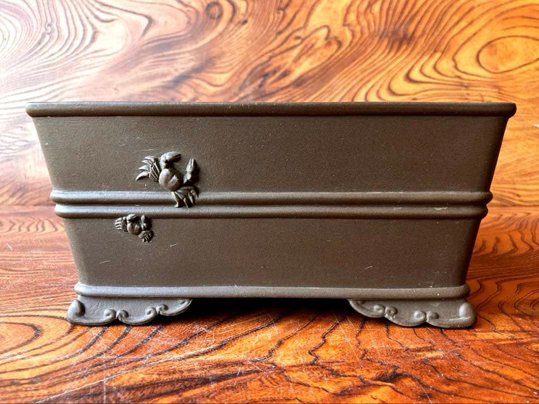 希少【蟹刻　盆栽鉢　8号】No.35 雲足　植木鉢　約60年前　落款　洗浄済