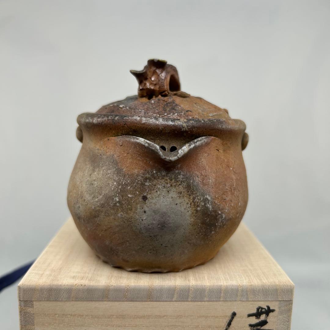 D佐藤苔助 備前焼宝瓶 霊芝手捻り人気作者 急須 共箱 共布 茶注 煎茶 茶道具