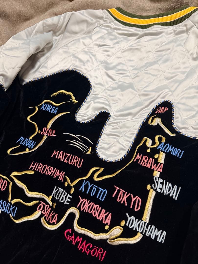 未使用 別珍 日本地図 鶴 スカジャン unisex 美品 サテン