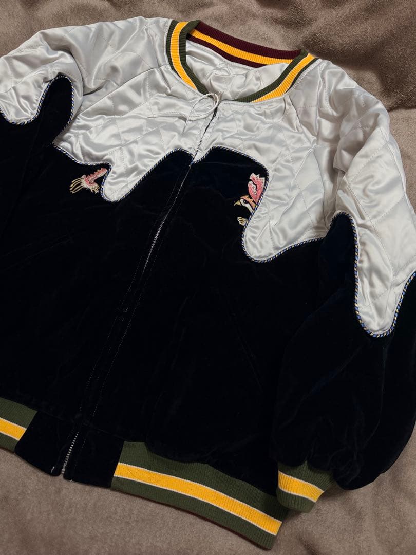 未使用 別珍 日本地図 鶴 スカジャン unisex 美品 サテン