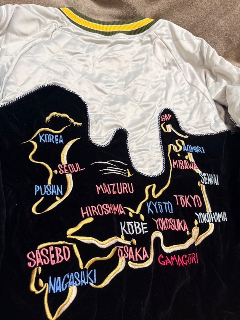 未使用 別珍 日本地図 鶴 スカジャン unisex 美品 サテン