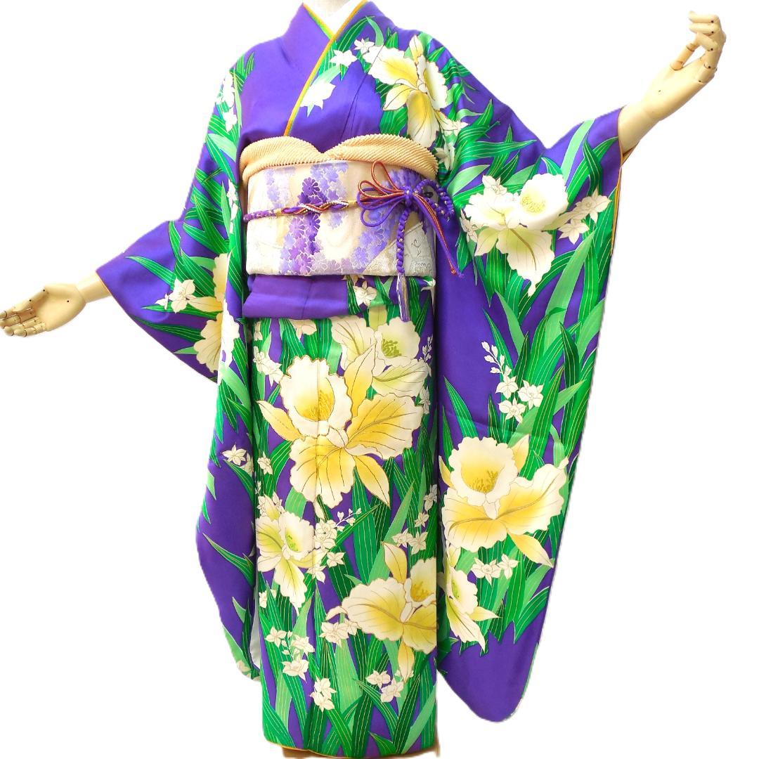 美品★振袖フルセット　正絹　成人式　振袖　7点セット　Mサイズ　紫色　花柄
