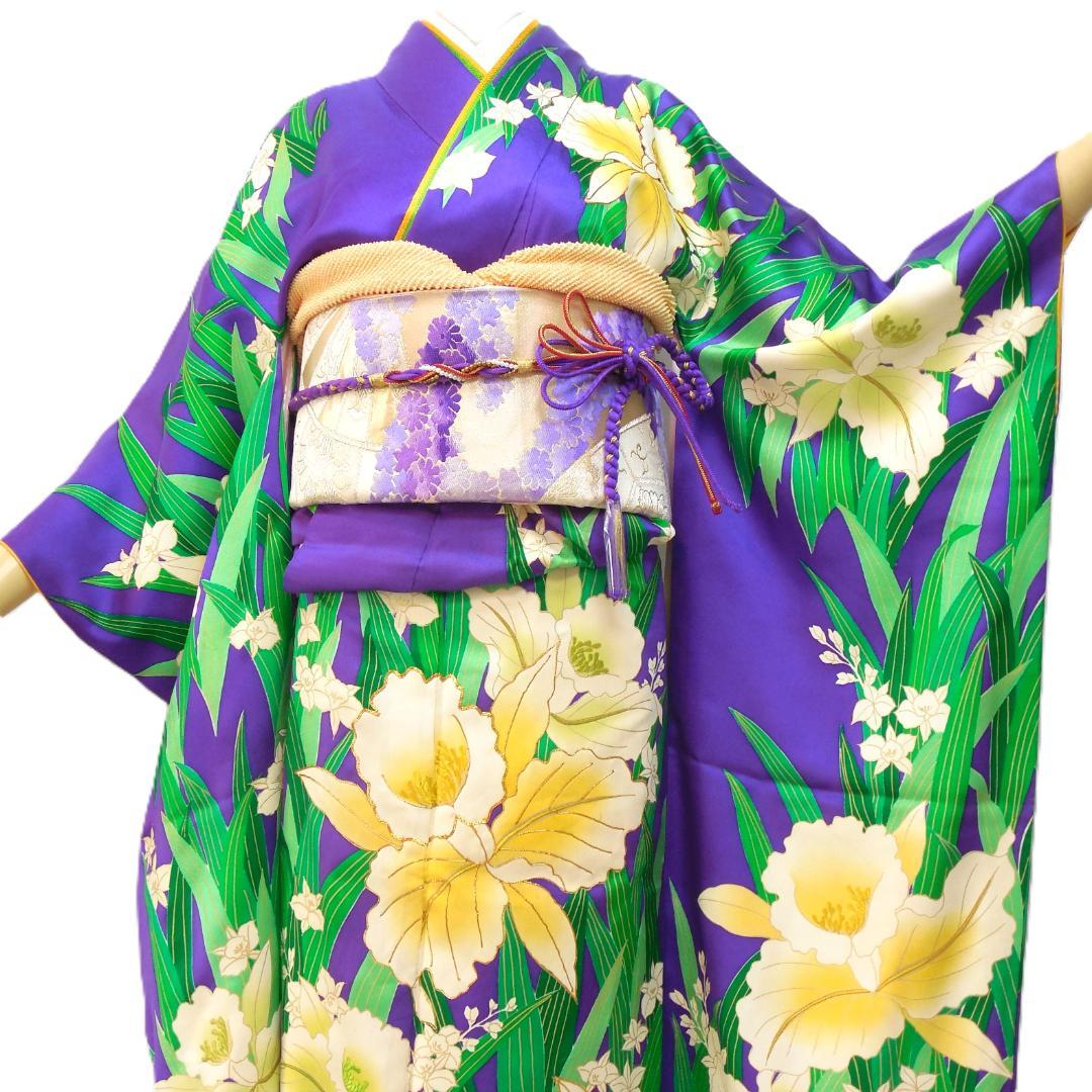 美品★振袖フルセット　正絹　成人式　振袖　7点セット　Mサイズ　紫色　花柄