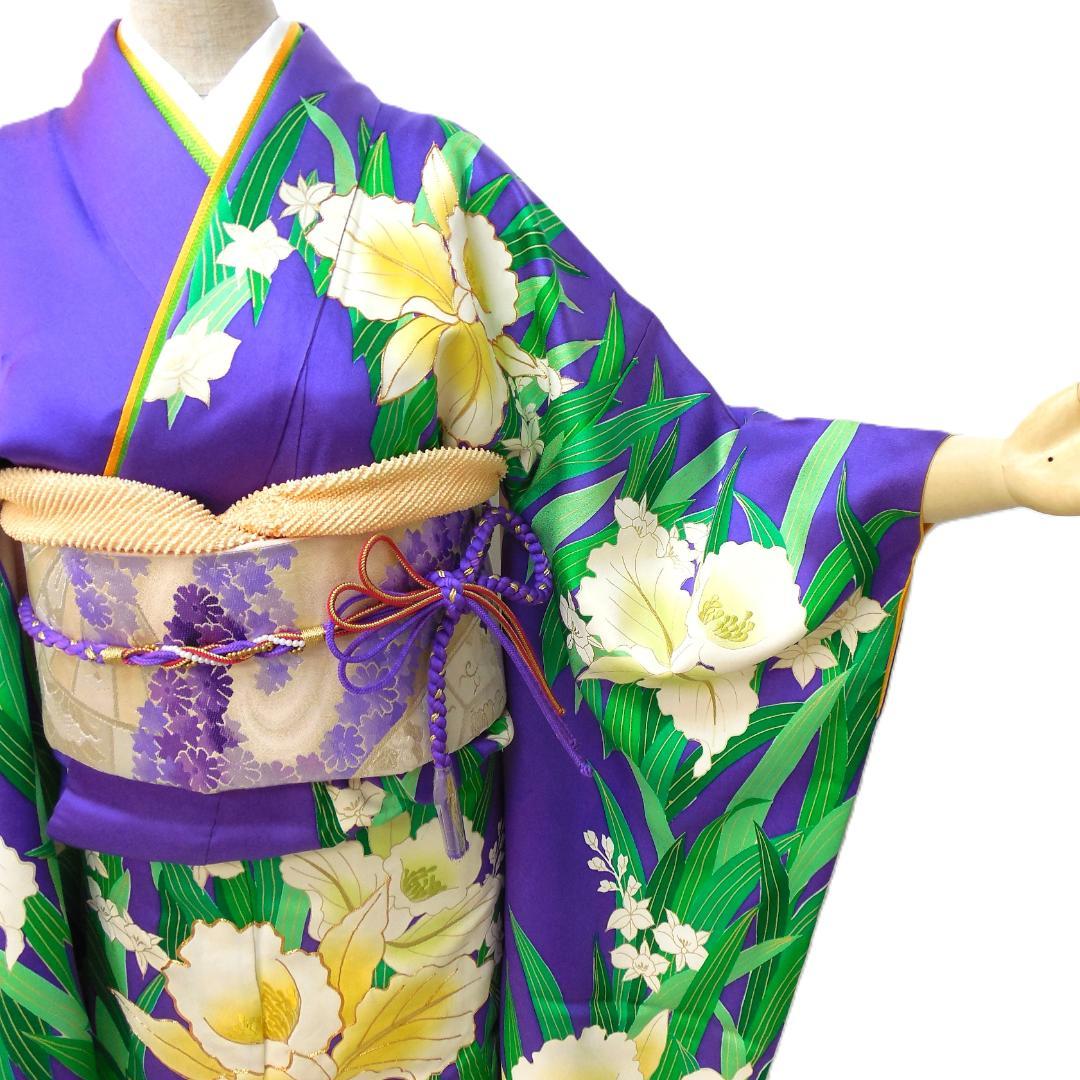 美品★振袖フルセット　正絹　成人式　振袖　7点セット　Mサイズ　紫色　花柄