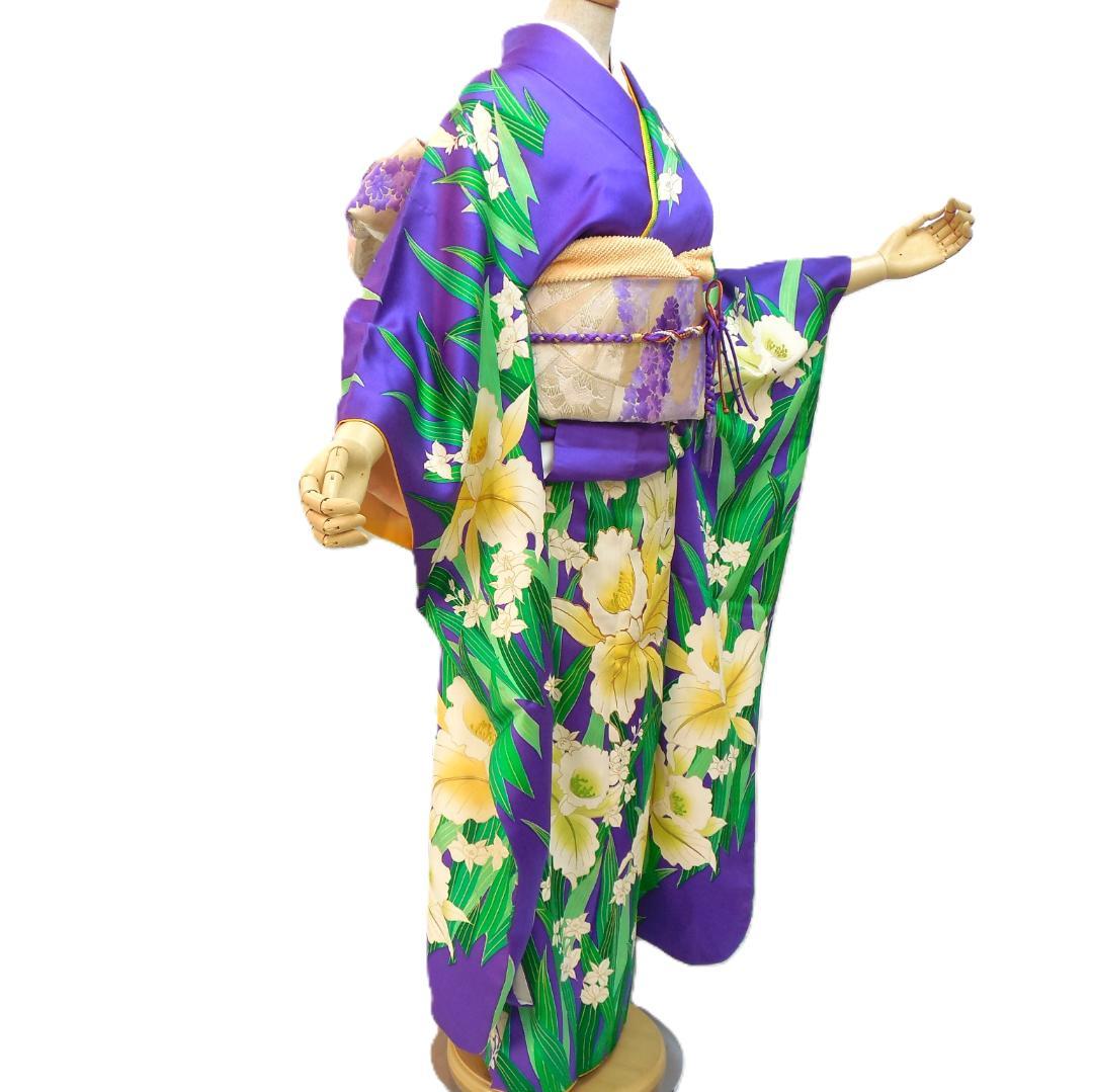美品★振袖フルセット　正絹　成人式　振袖　7点セット　Mサイズ　紫色　花柄