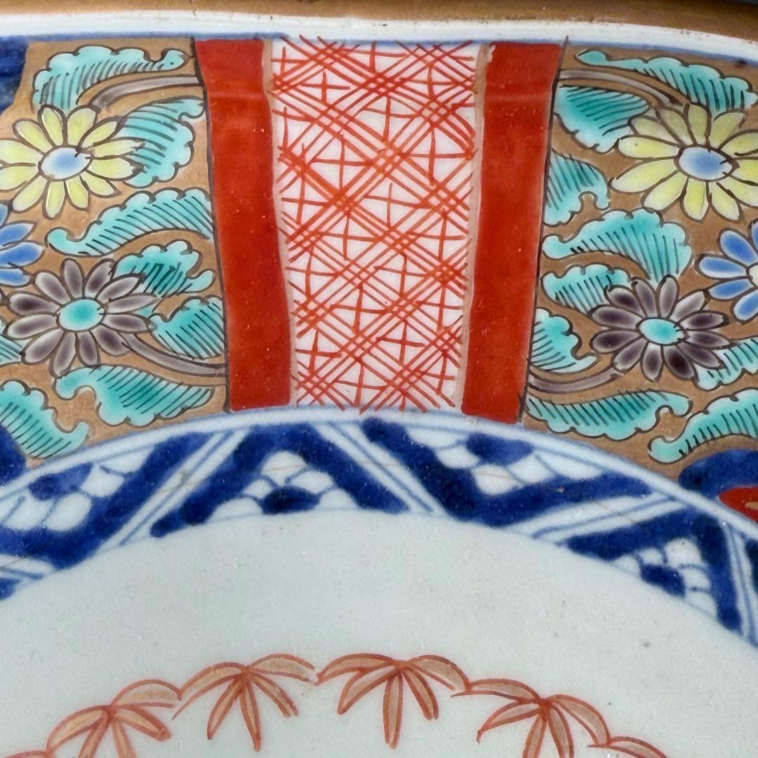 幕末〜明治期　色絵赤絵金蘭手変形皿　一辺26cm　古美術　豪商旧蔵品　古伊万里