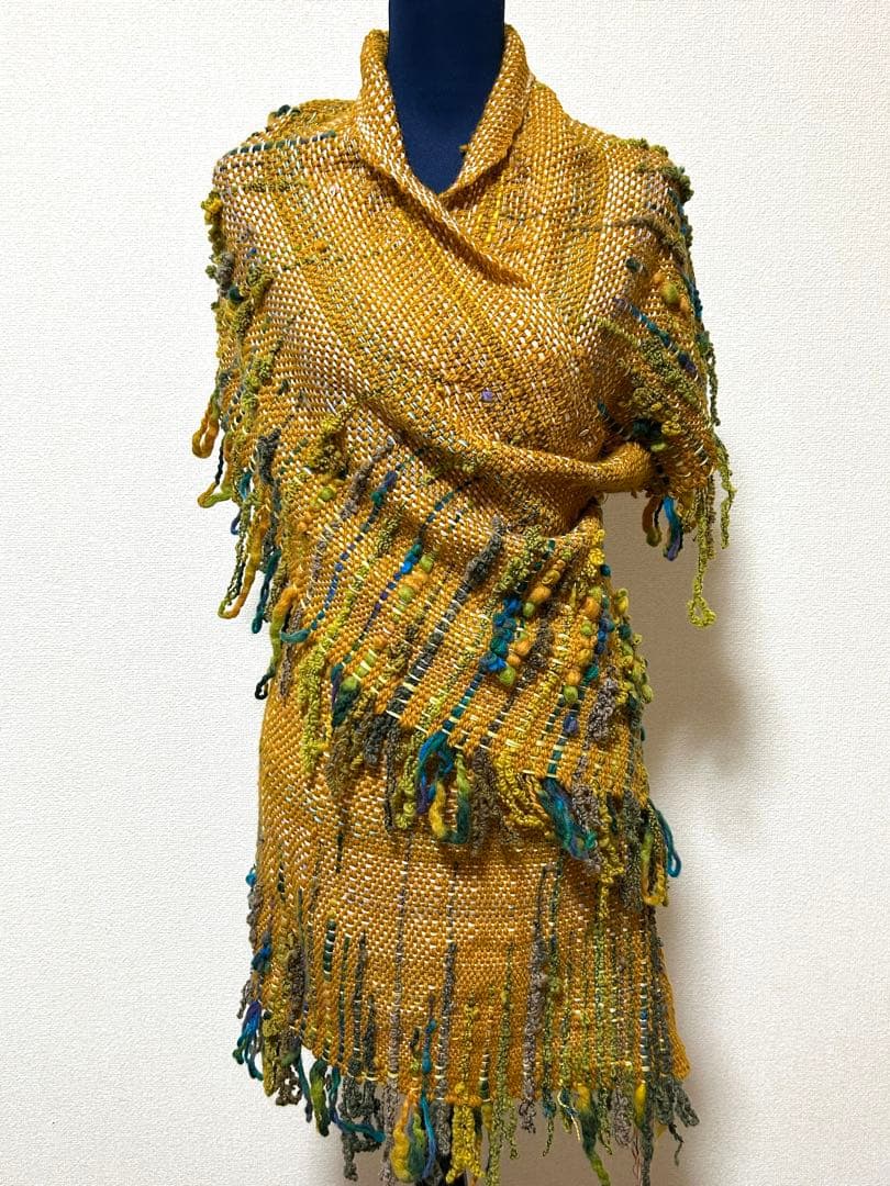 手織りショールストール　幅37cm+横フリンジ10cm長さ230cm+フリンジ