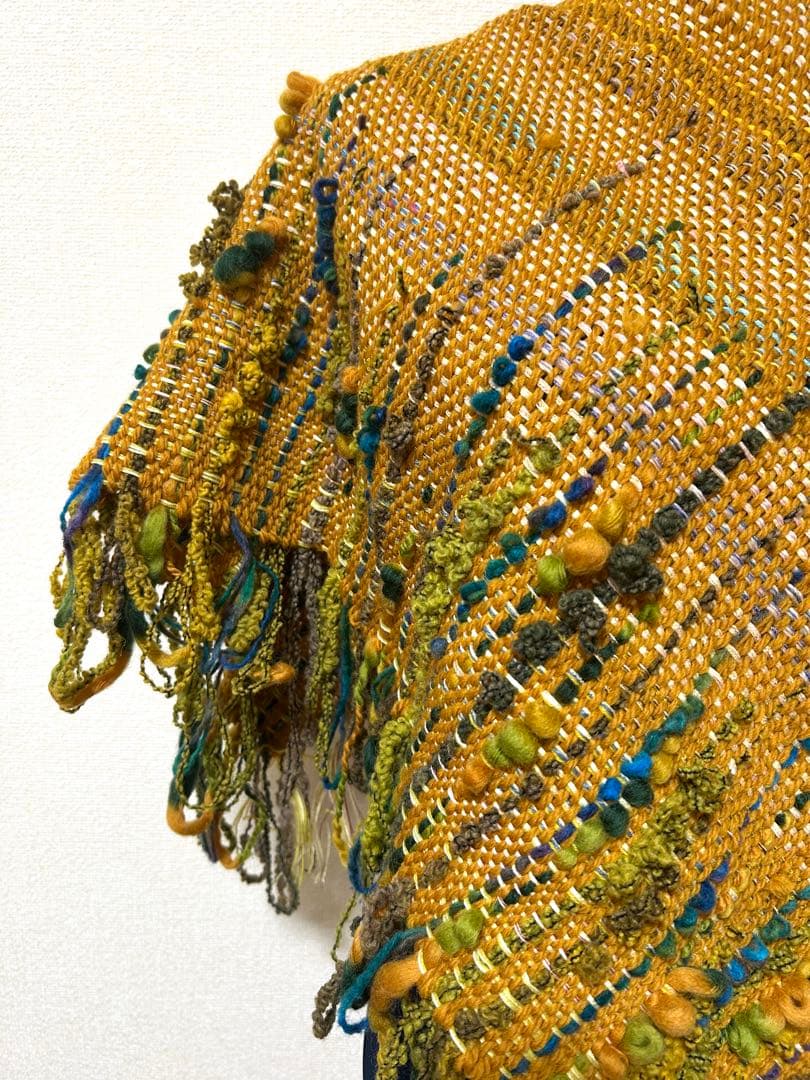 手織りショールストール　幅37cm+横フリンジ10cm長さ230cm+フリンジ