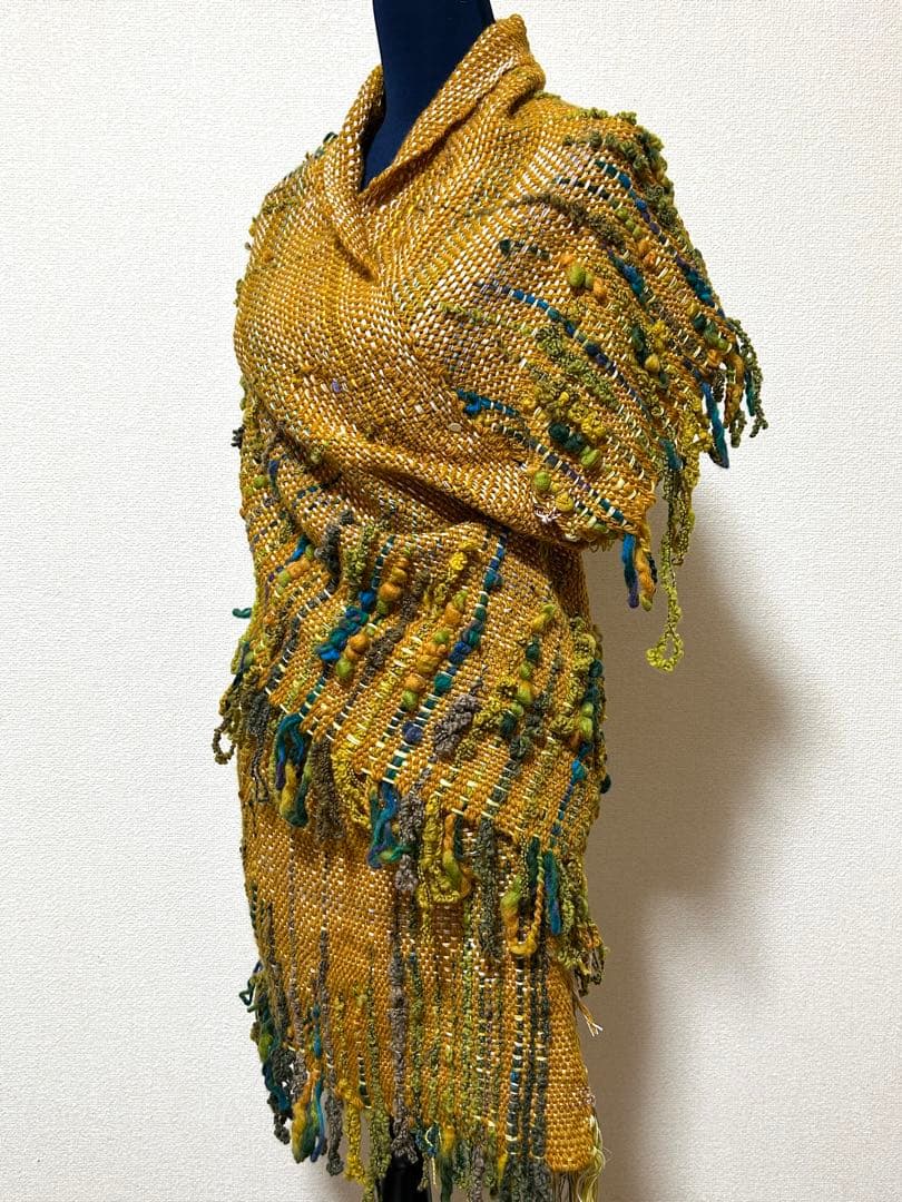 手織りショールストール　幅37cm+横フリンジ10cm長さ230cm+フリンジ