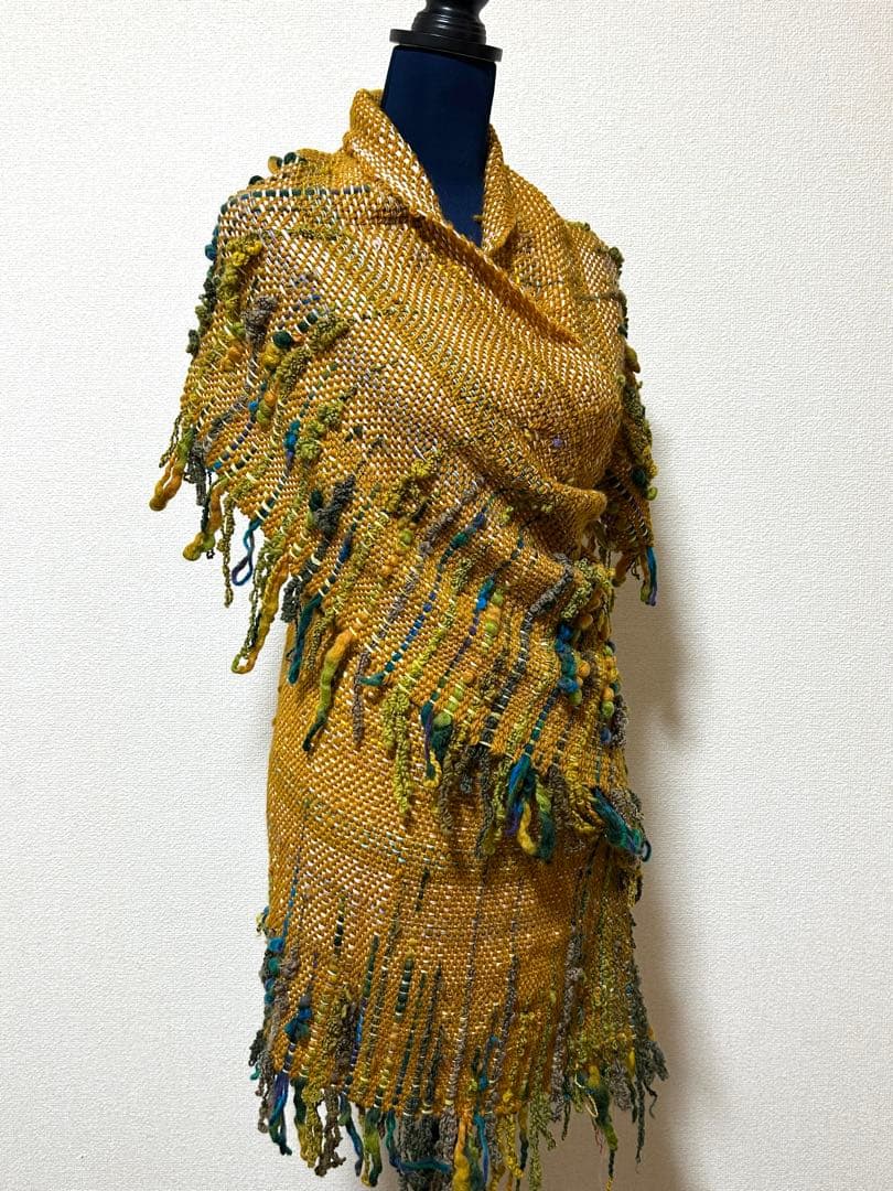 手織りショールストール　幅37cm+横フリンジ10cm長さ230cm+フリンジ