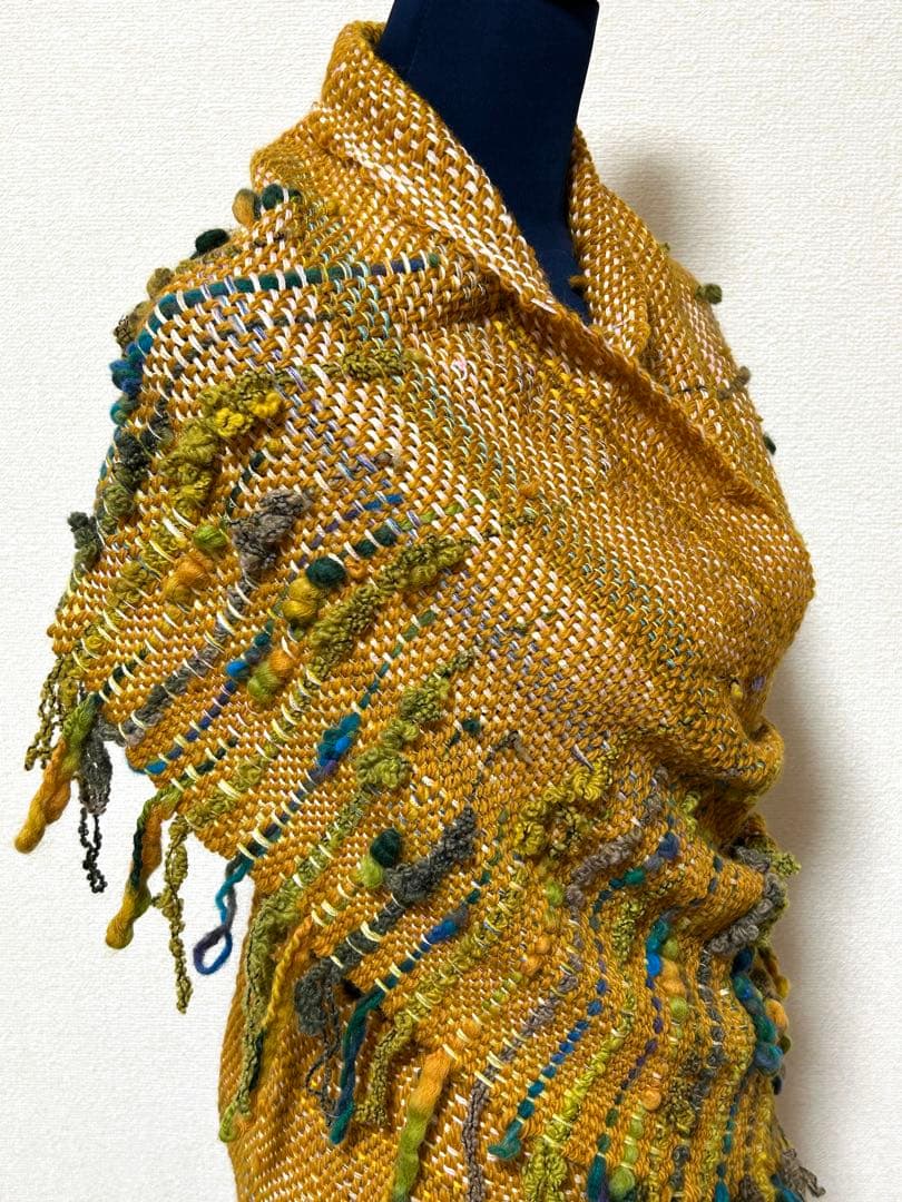 手織りショールストール　幅37cm+横フリンジ10cm長さ230cm+フリンジ