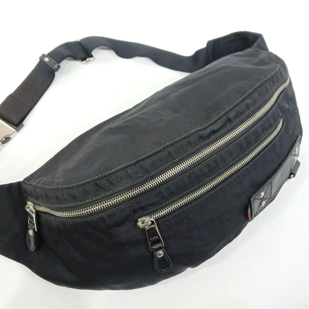 【美品】グッチ ボディバッグ ウエストポーチ レザー×キャンバス 黒