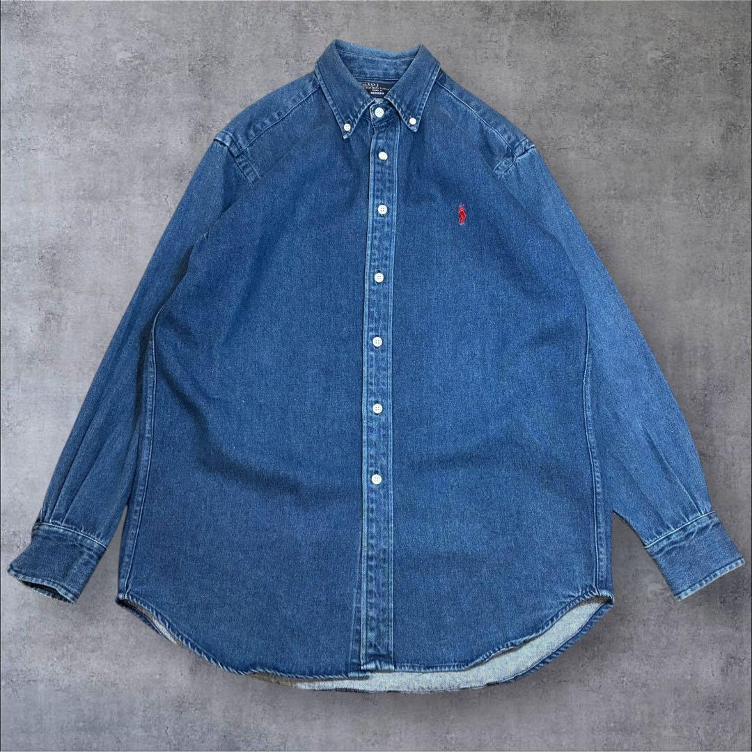 90s ラルフローレン デニムシャツ 長袖 赤ポニー 刺繍ロゴ M ヴィンテージ