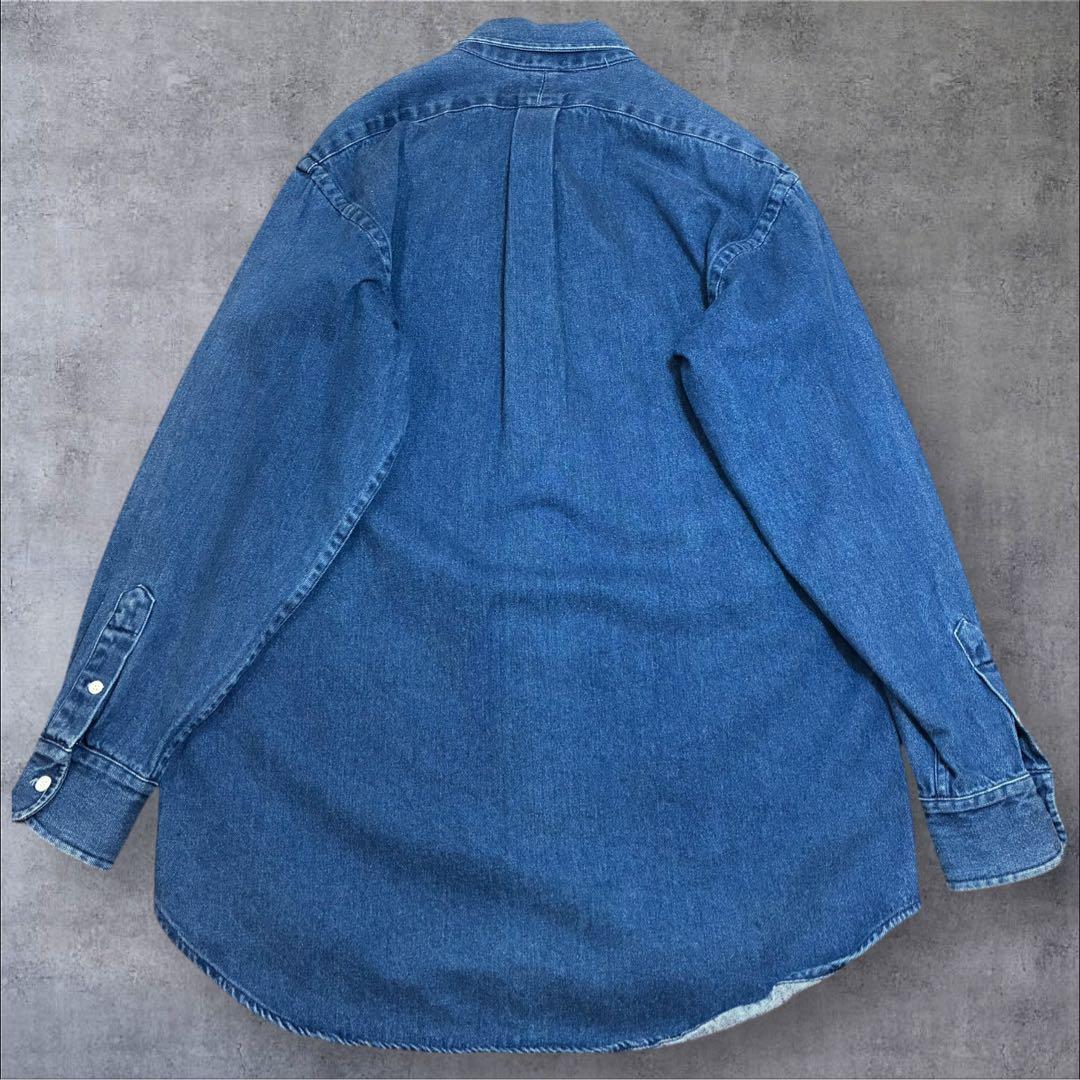 90s ラルフローレン デニムシャツ 長袖 赤ポニー 刺繍ロゴ M ヴィンテージ