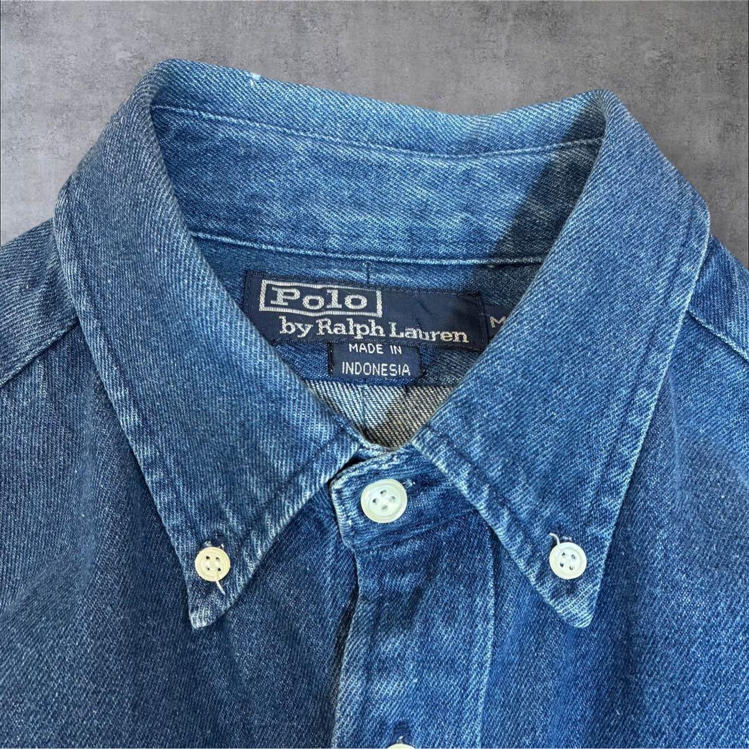 90s ラルフローレン デニムシャツ 長袖 赤ポニー 刺繍ロゴ M ヴィンテージ