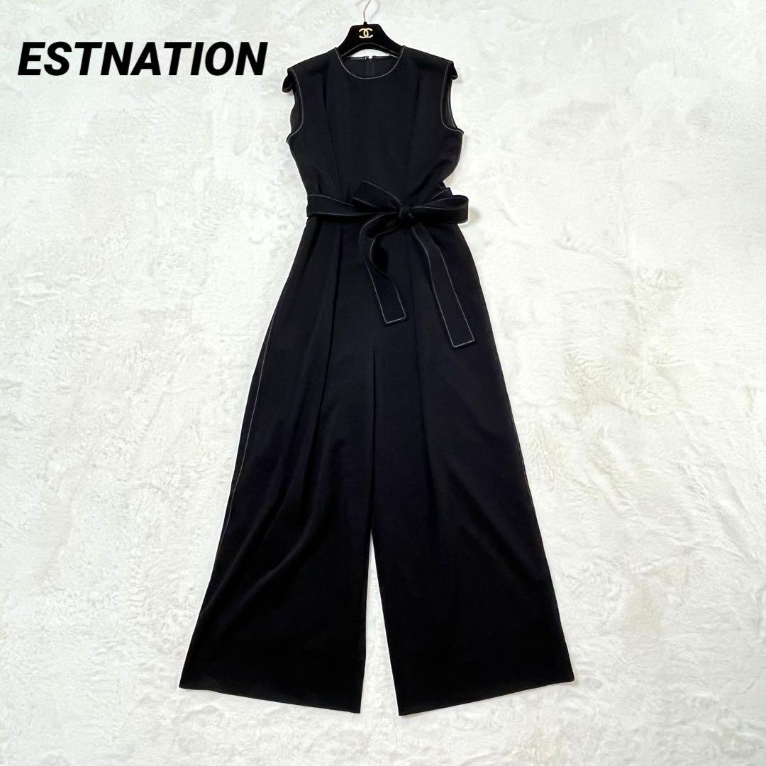 エストネーション オールインワンパンツ リボンベルト 黒 白ステッチ 38