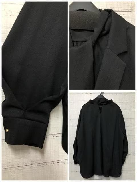 新品☆5L黒系リボンタイブラウス付パンツスーツ3点フォーマルにも◯D336