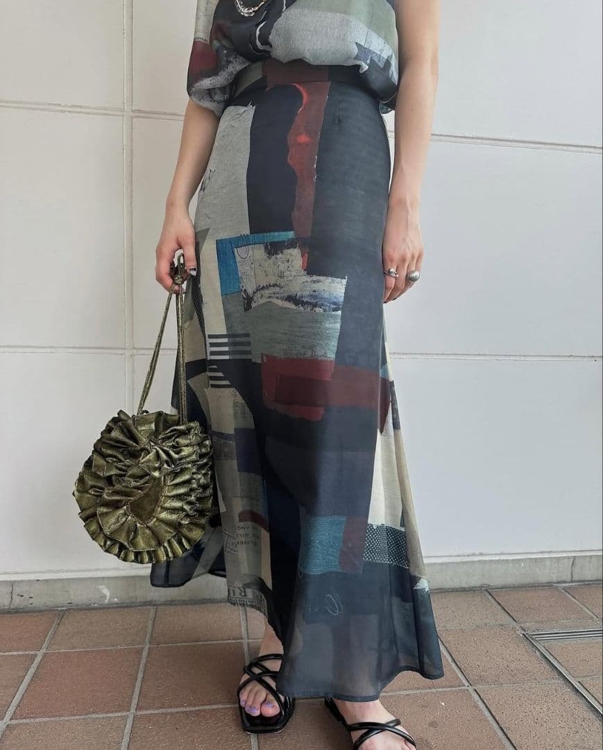 スカート Ameri ART COLLAGE PRINT SHEER SKIRT
