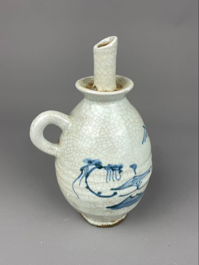 李朝 油注瓶 水注 朝鮮陶磁器 白磁 染付 蔓草文様 古染付 時代物 朝鮮陶器