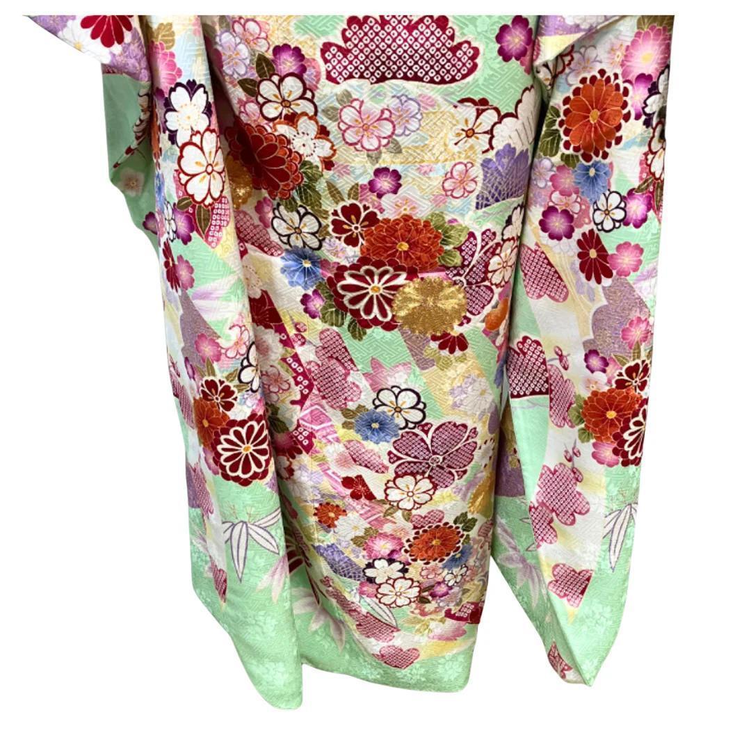 【お得品】 振袖セット 成人式 正絹 古典柄 振袖 緑 S*65 ●