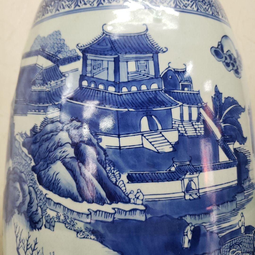 蔵出し特価　景徳鎮陶器製花瓶 風景画デザイン　持ち手付き