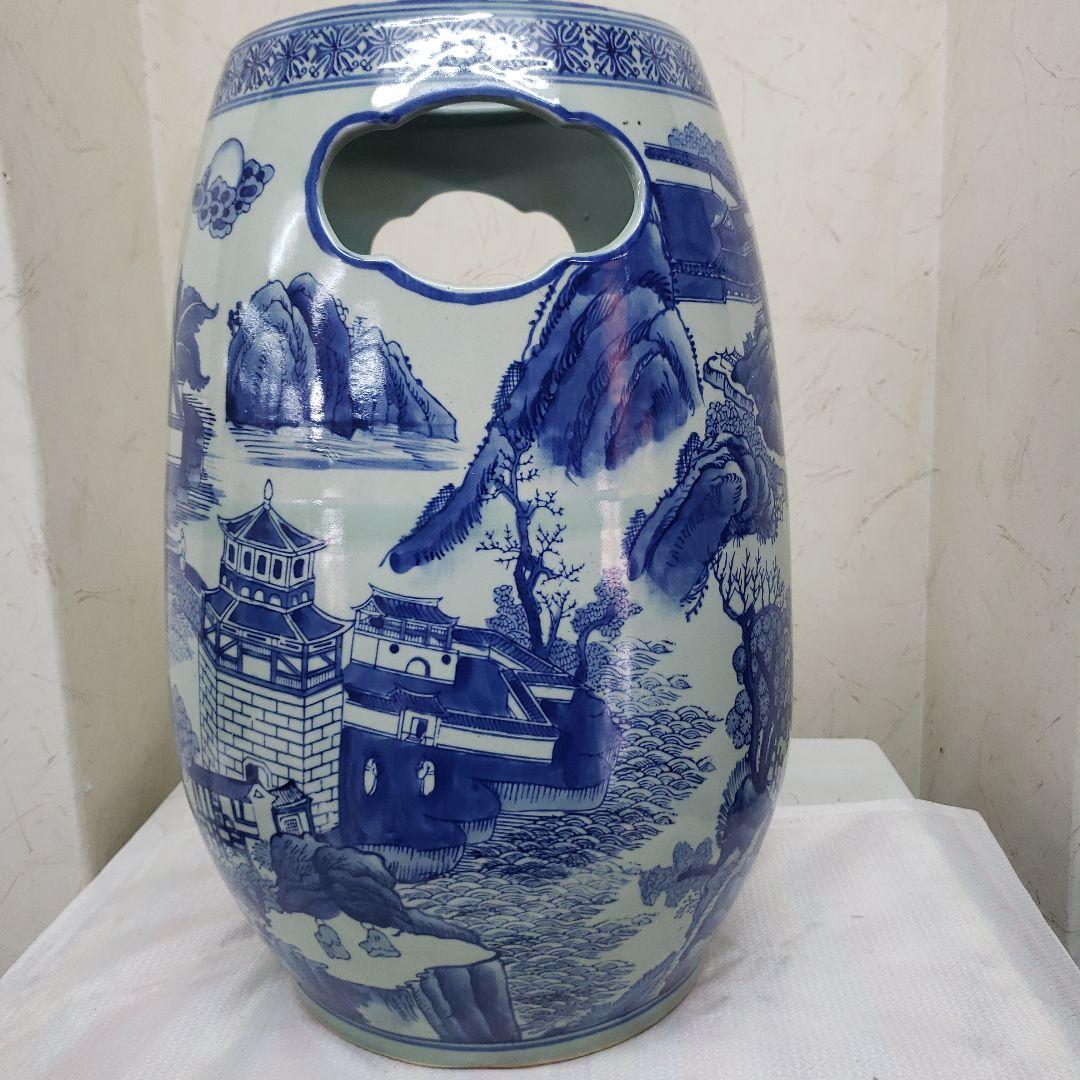 蔵出し特価　景徳鎮陶器製花瓶 風景画デザイン　持ち手付き