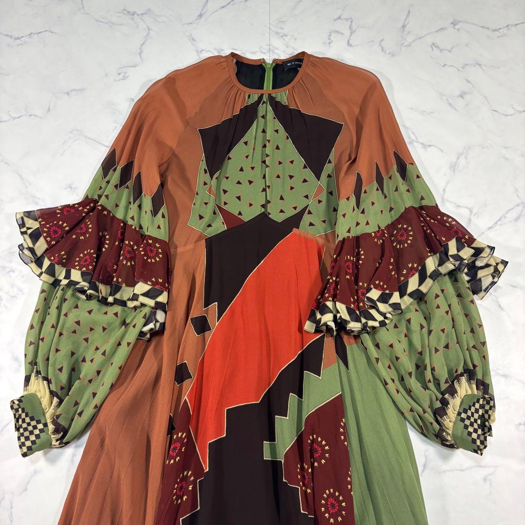 ETRO シルク シワ加工 ロングワンピース パフ×フリル袖 アシンメトリー42
