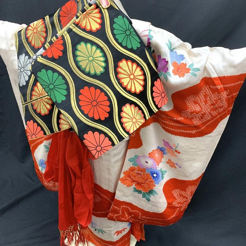 411ag67□七五三 七歳 女児 着物&袋帯&長襦袢 染め分け絞り 鈴□美品