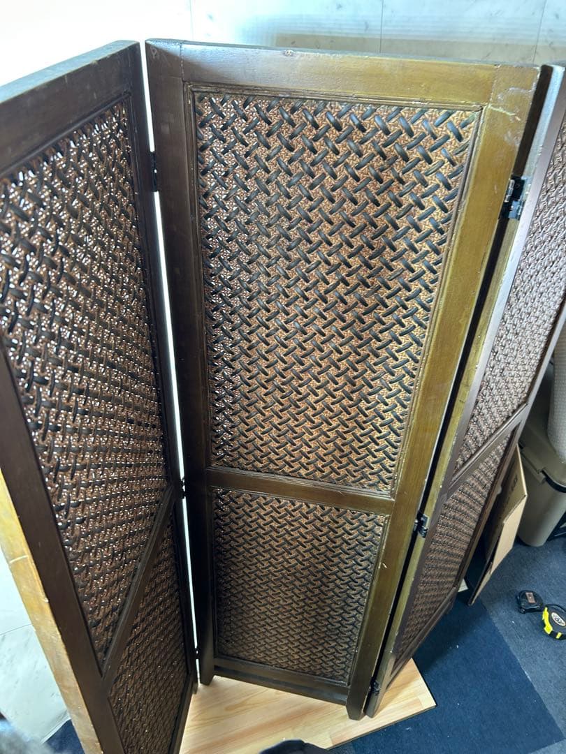 木製 衝立 パーテーション 3連 編み込みデザイン 和風　昭和レトロ　ついたて