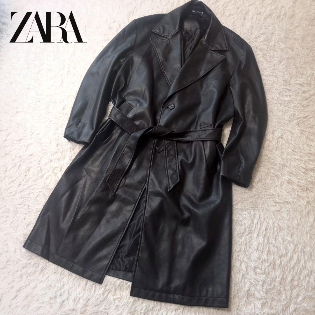 ZARA　ザラ　メンズ　オーバーサイズ　レザー調トレンチコート　黒　サイズM