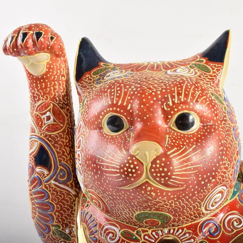 とらさん　九谷焼　色絵金彩　招き猫　置物　縁起物　在銘　F　R4990B