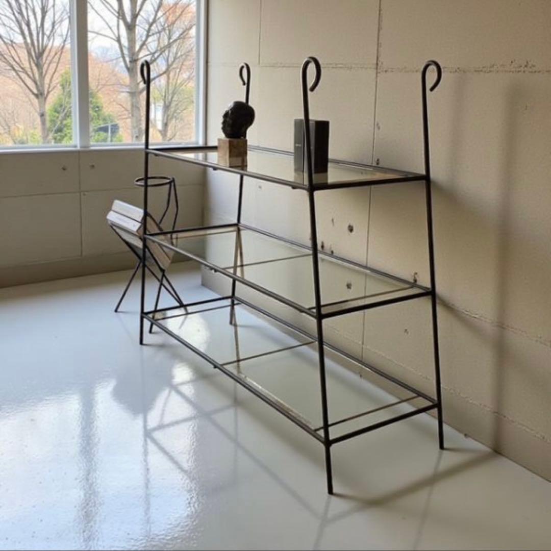 TK【ビンテージ】アイアンスチール 3段 ガラス オープンシェルフ 什器