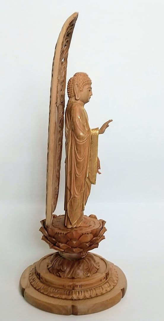 阿弥陀如来立像 4.5寸 #457 円台座 宝相華唐草 透彫り◆白檀 木彫 仏像