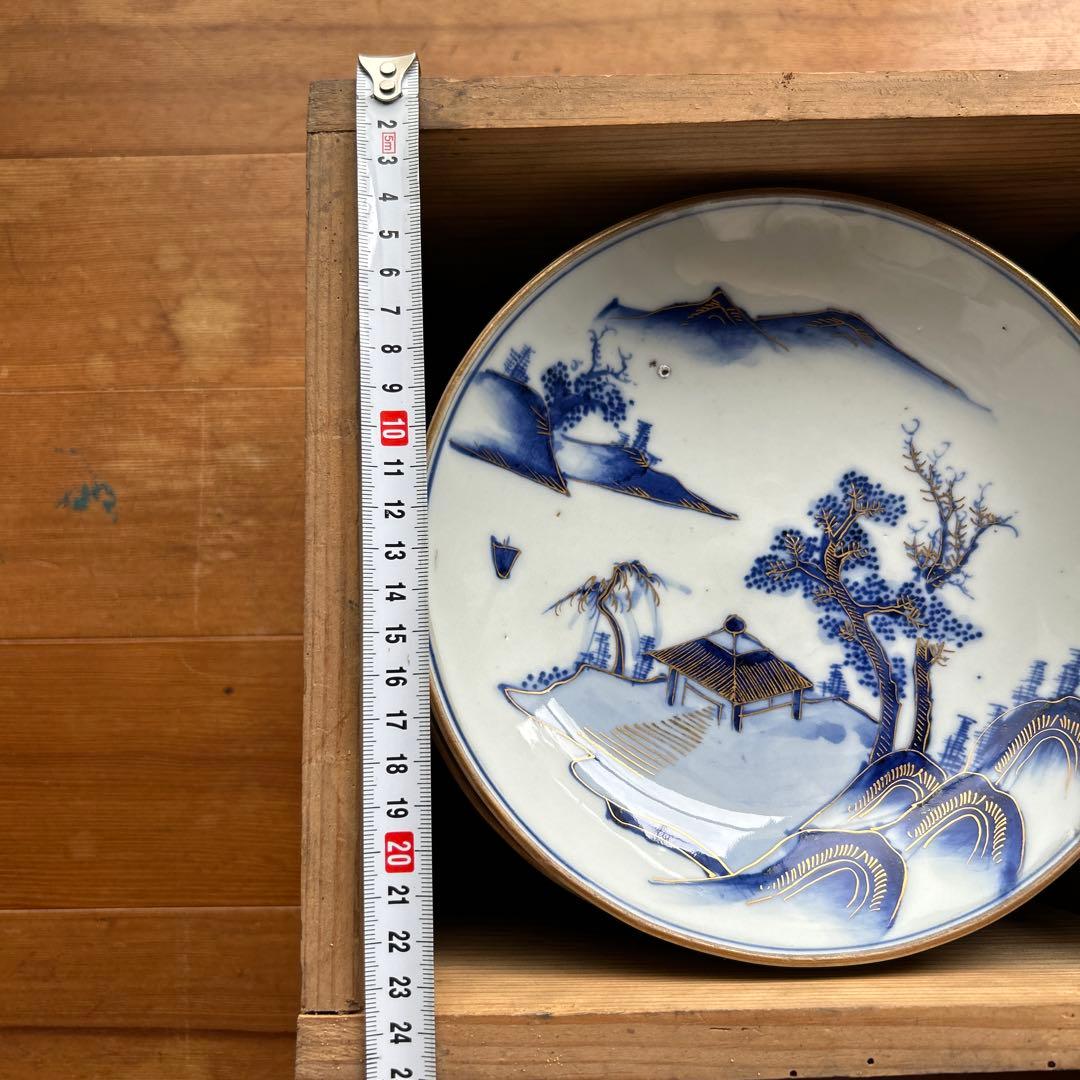 九谷焼　大皿　19枚　青白い景色の皿セット　箱付き