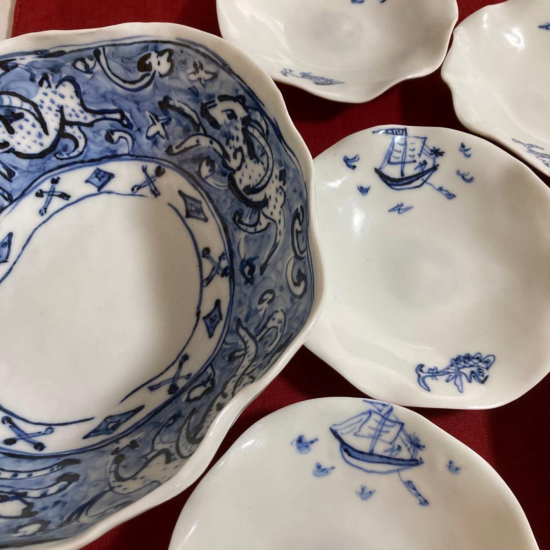 美濃焼　黒岩卓実作　呉須豹紋大鉢　銘々皿セット