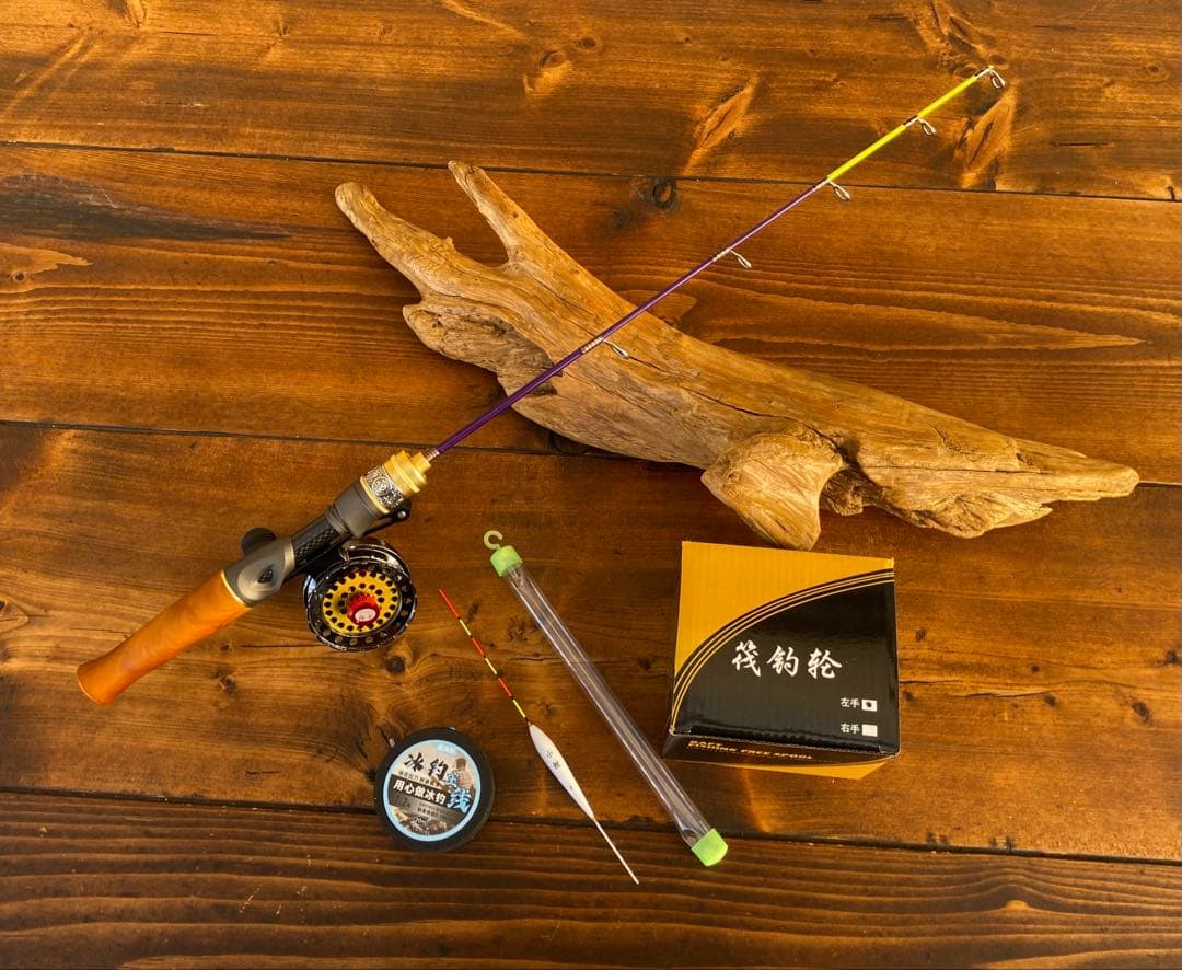 穴釣りセット　アイスフィッシング　穴釣りロッド　天然木グリップ　　タイコリール