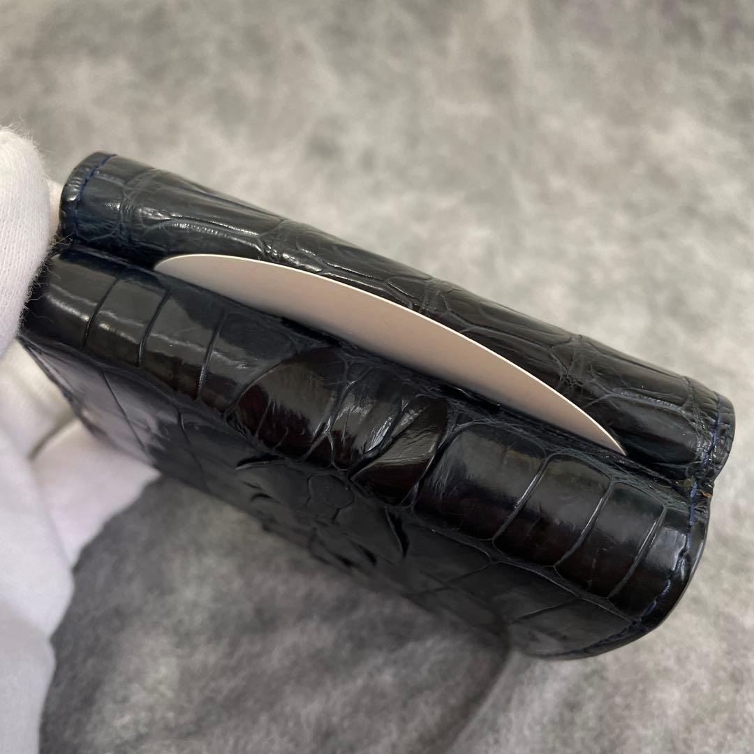 ナイルクロコダイル、三つ折り財布、コンパクト、本革、ブラックネイビー　内側型押し