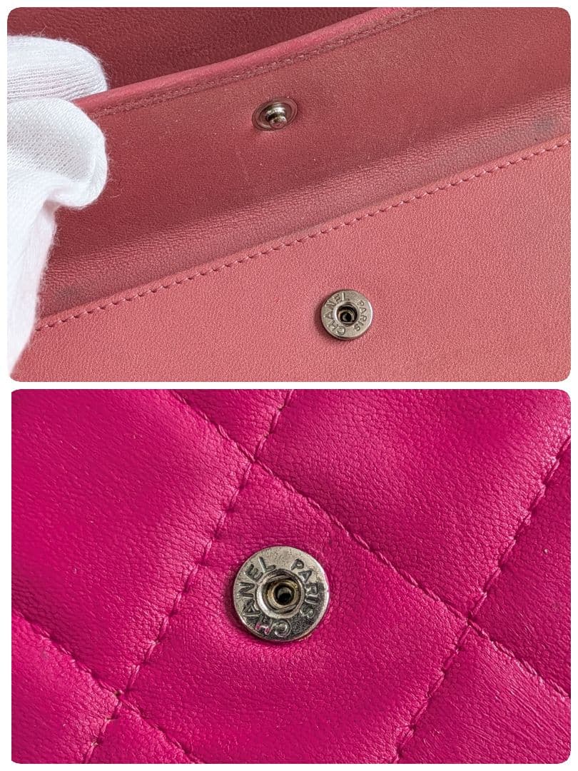 シャネル　ピンク　マトラッセ　三つ折り長財布　ラムスキン　チェーンショルダー