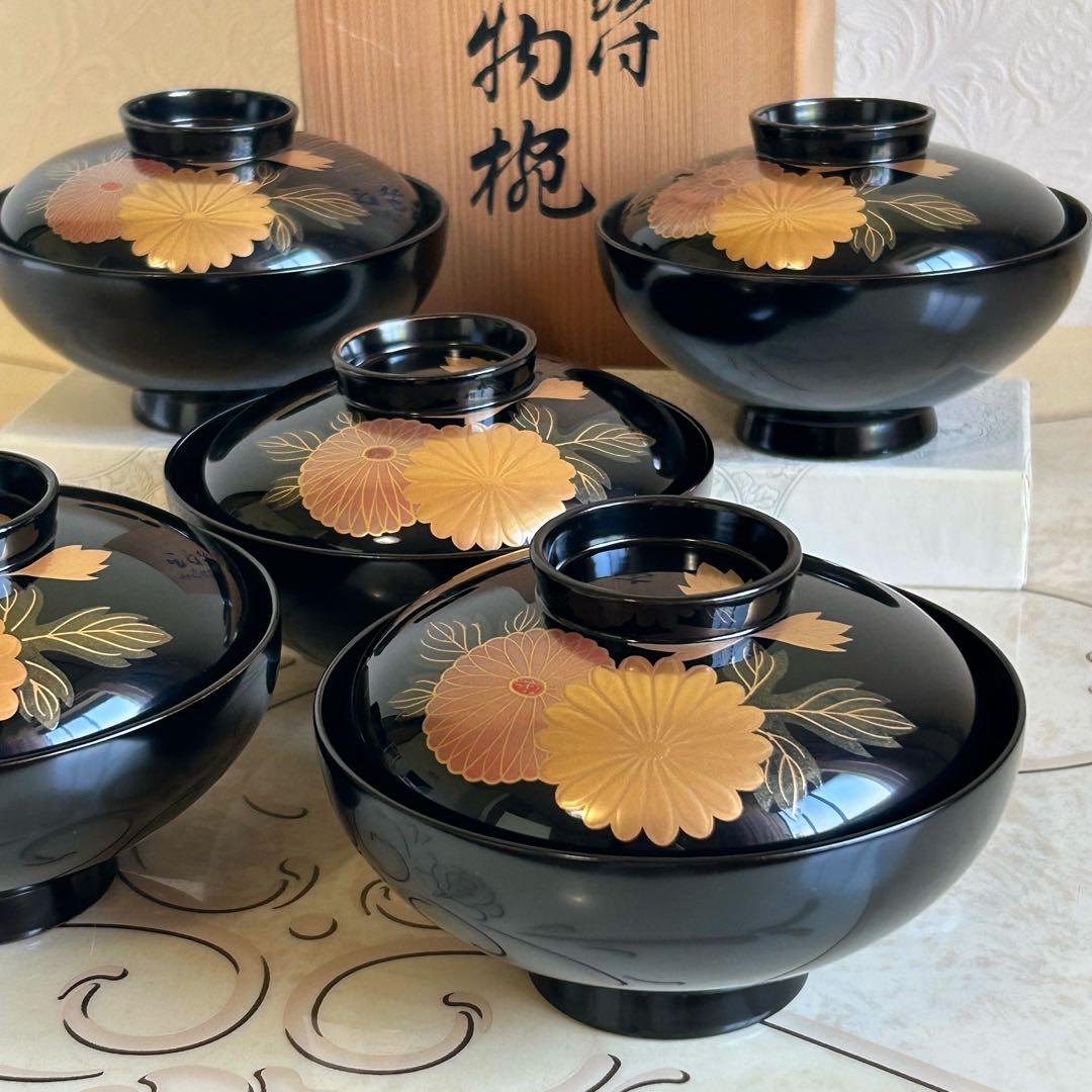 高級蒔絵付　吸物椀揃　五客セット　金彩菊絵　漆器　お吸い物碗　汁椀　お椀　蓋付き