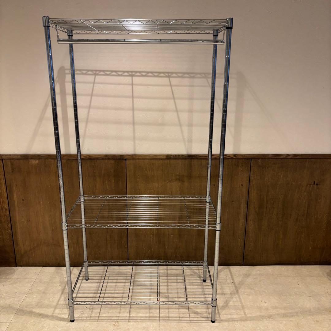 スチールラック 3段 シルバー　ハンガーラック付き