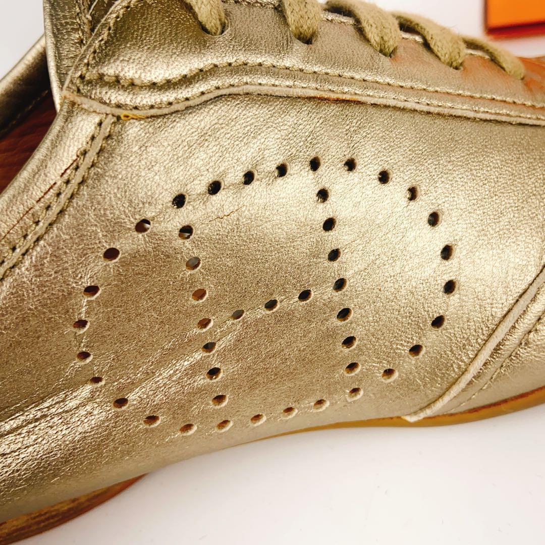 HERMES エブリン ゴールド 金 レザースニーカー Hロゴ パンチング