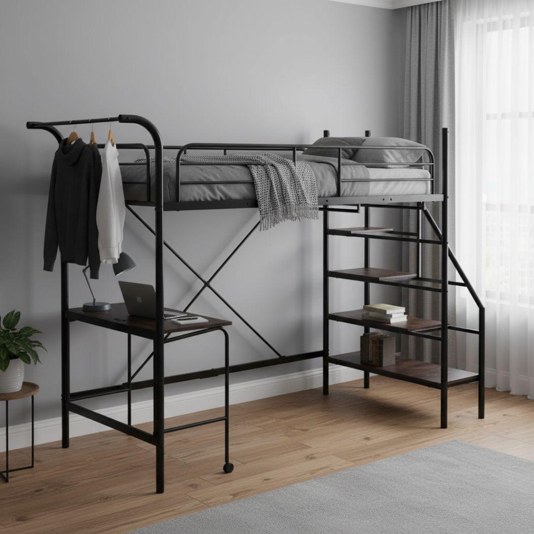 ロフトベッド シングル システムベット デスク付 コンセント付 収納付 ポール付