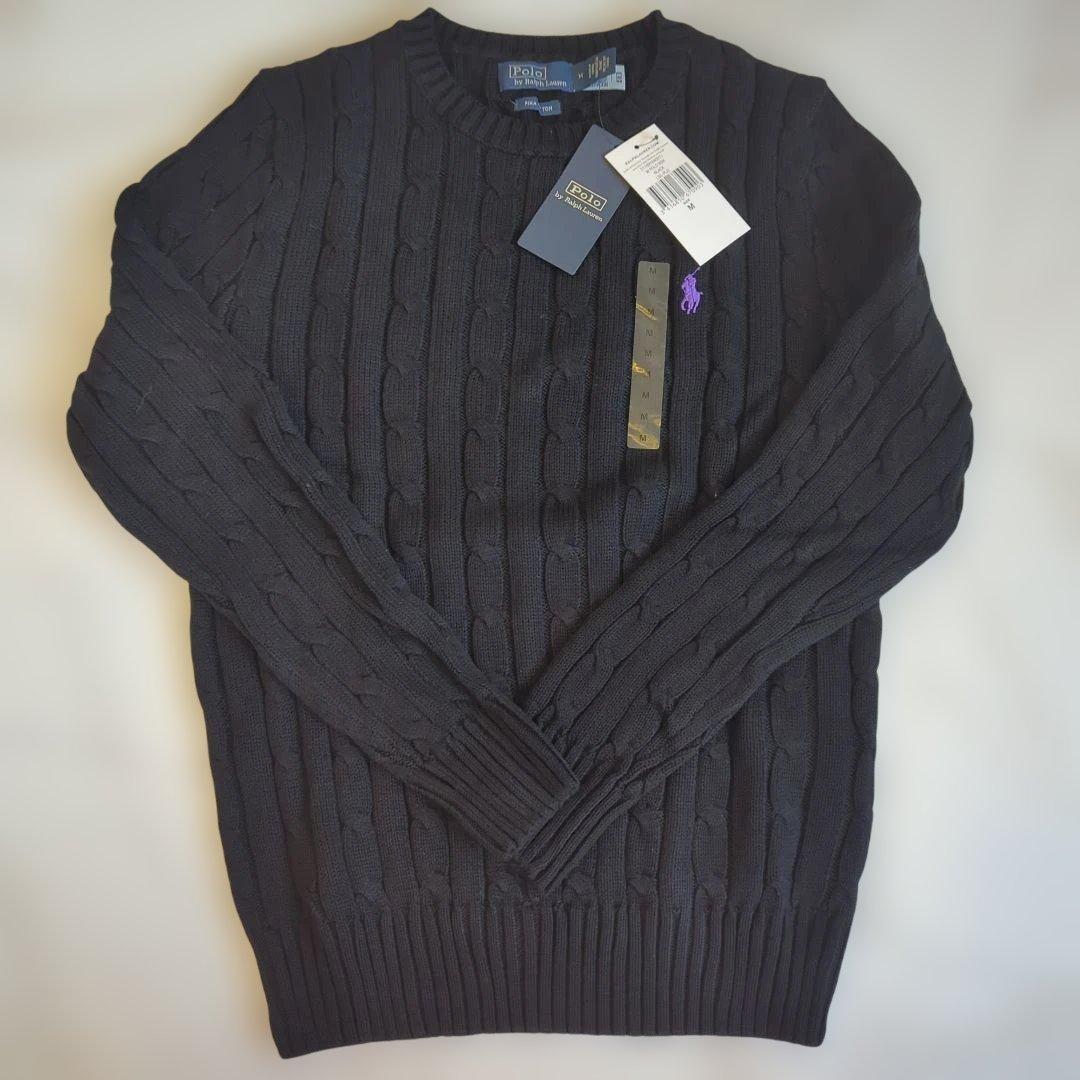 【新品】ポロラルフローレン ケーブルニット ブラック M 紫ポニー コットン