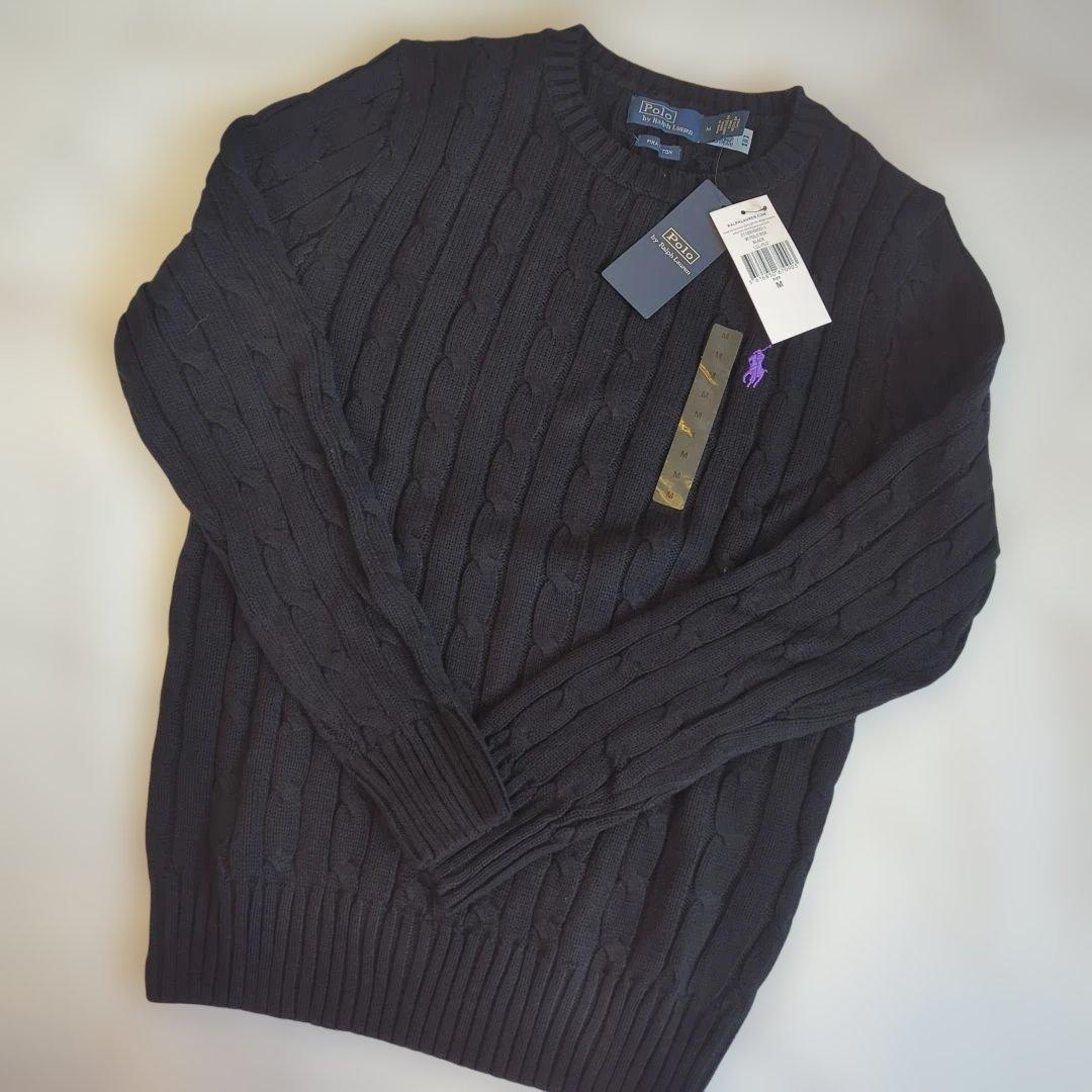【新品】ポロラルフローレン ケーブルニット ブラック M 紫ポニー コットン