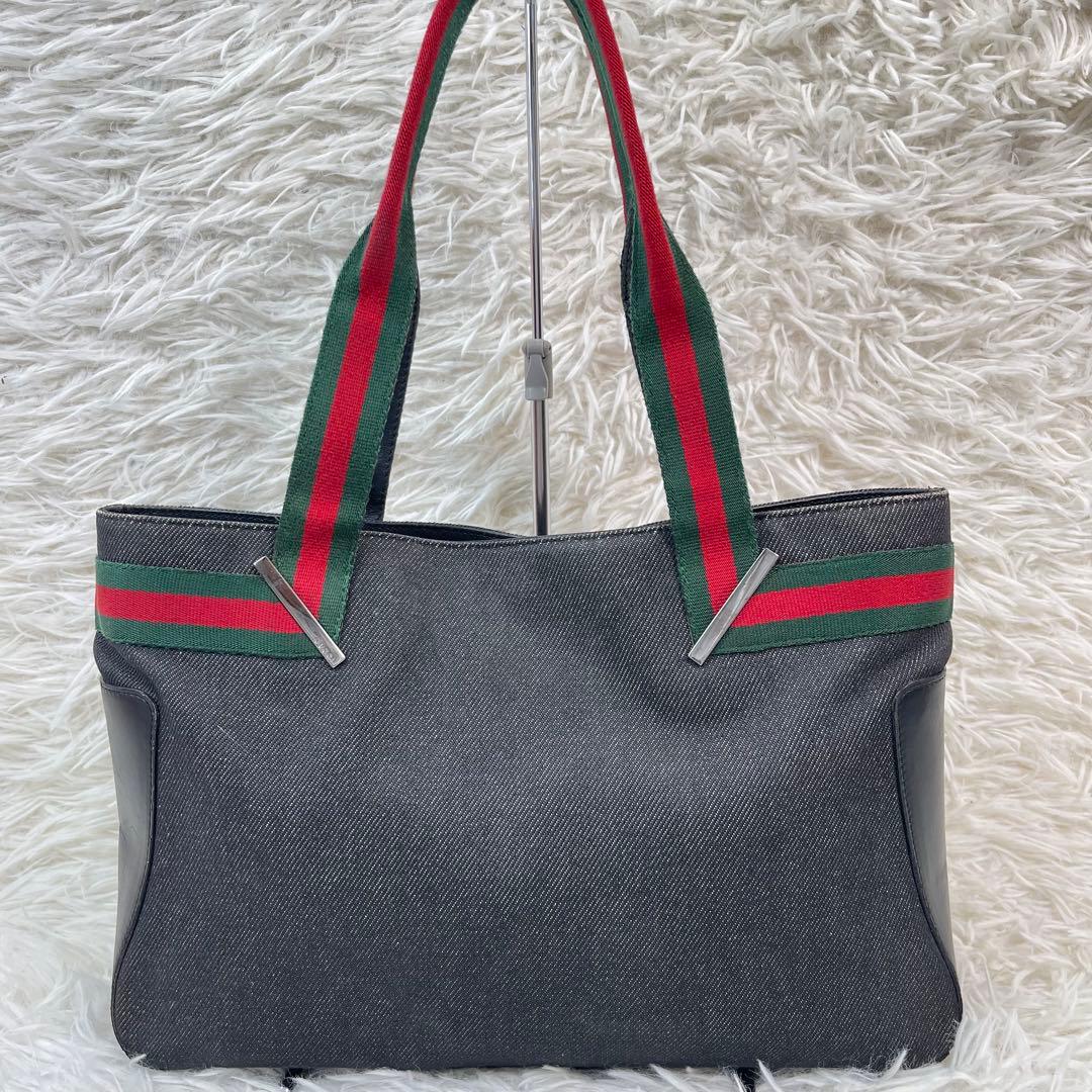 美品✨GUCCI グッチ シェリーライン デニム×レザー トートバッグ 黒